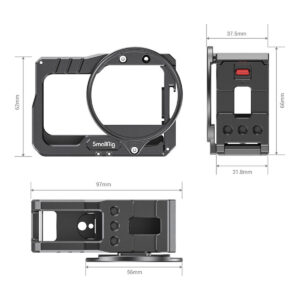 SmallRig-2901-5 SmallRig 2901 Vloggaushäkki suodinsovittimella Insta360 One R 4K:lle näkyy edestä, sivulta ja ylhäältä. Mitat: 97 mm leveä, 66/62 mm korkea, 56 mm syvä ja 37,5/31,8 mm pienemmille osille; erilaisia kiinnitysreikiä näkyvissä.