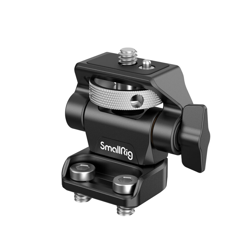 SmallRig-2904 SmallRig 2904 Swivel and Tilt Monitor Mount Screw-Mount -ruuvikiinnike on musta kameran lisävaruste, jossa on metalliset säätönupit, ruuvinreiät ja tukeva rakenne laitteiden kiinnittämiseen turvallisesti.
