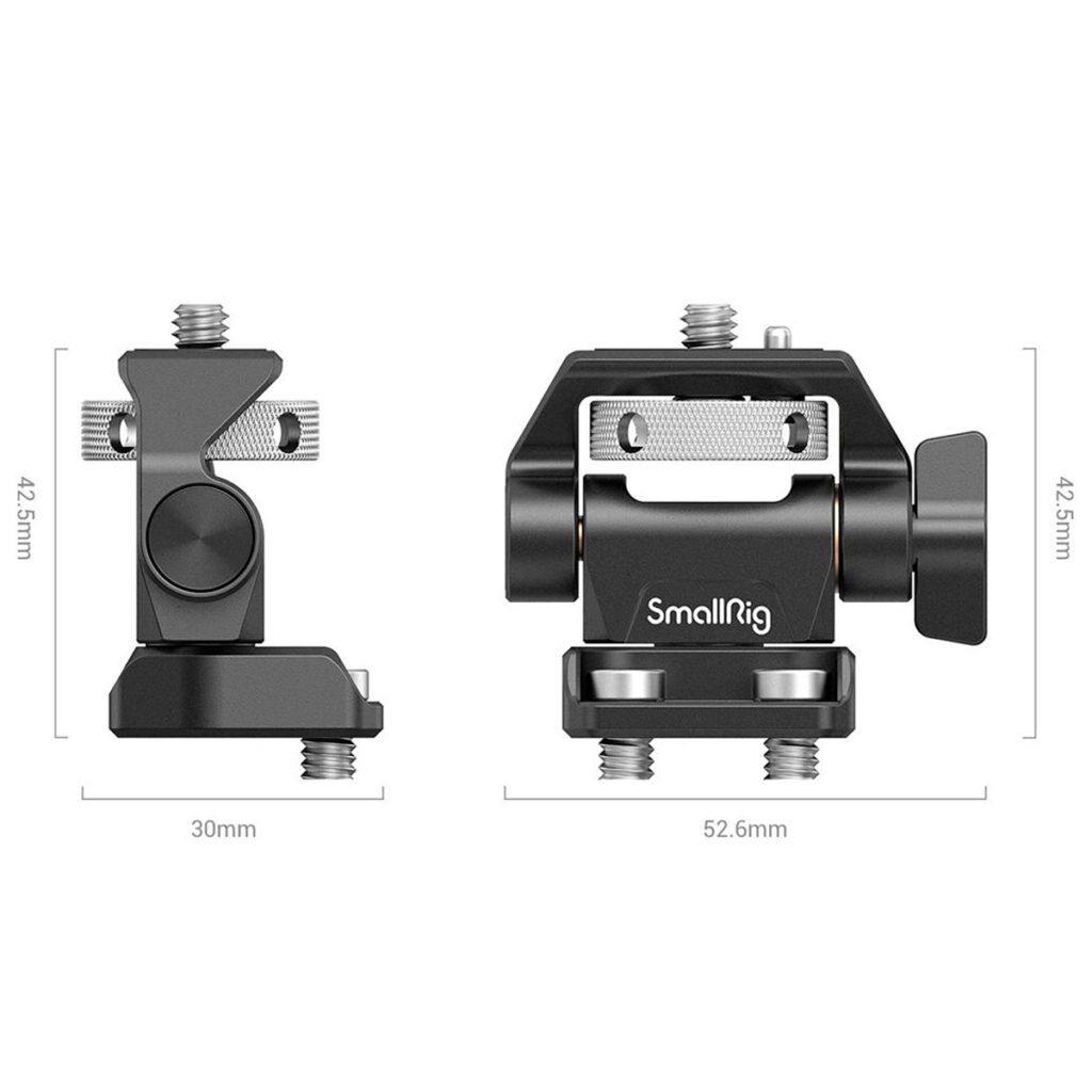 SmallRig-2904-2 SmallRig 2904 Swivel and Tilt Monitor Mount Screw-Mount -ruuvikiinnikkeen kaksi näkymää osoittavat sen mitat: 42,5 mm korkea, 30 mm leveä (sivukuva) ja 52,6 mm leveä (etukuva). Kiinnikkeessä on säätönupit ja tavalliset ruuvikierteet.