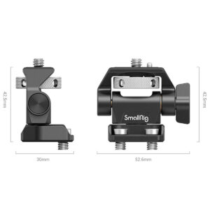 SmallRig-2904-2 SmallRig 2904 Swivel and Tilt Monitor Mount Screw-Mount -ruuvikiinnikkeen kaksi näkymää osoittavat sen mitat: 42,5 mm korkea, 30 mm leveä (sivukuva) ja 52,6 mm leveä (etukuva). Kiinnikkeessä on säätönupit ja tavalliset ruuvikierteet.