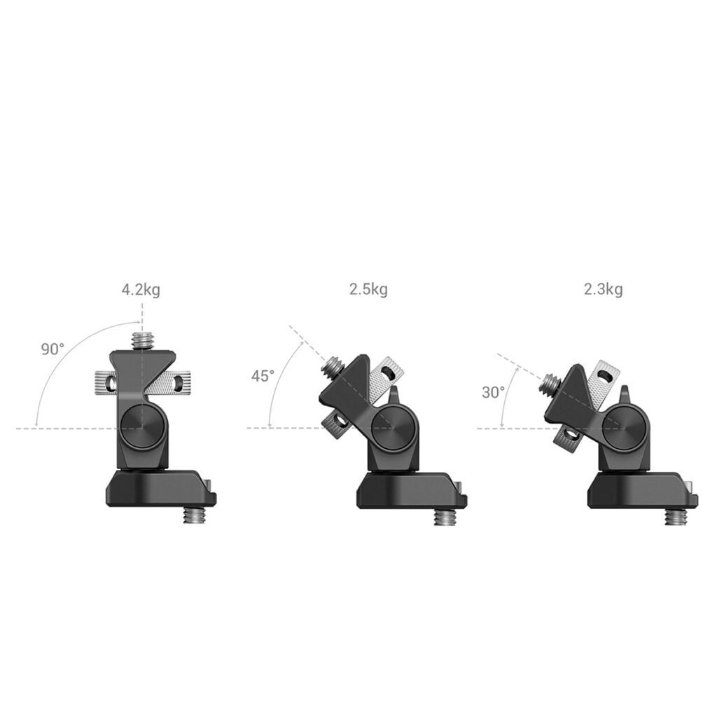 SmallRig-2904-5 SmallRig 2904 Swivel and Tilt Monitor Mount Screw-Mount -ruuvikiinnitys on esitetty 90°, 45° ja 30° asennossa, ja se tukee vastaavasti 4,2 kg:n, 2,5 kg:n ja 2,3 kg:n enimmäispainoja.