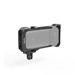 SmallRig-2923-2 SmallRig 2923 Utility Frame for Insta360 One X2 on kompakti, suorakulmainen, mustan ja harmaan värinen lisävaruste, jossa on kiinnityskannattimet, merkkivalo ja näkyvät portit.