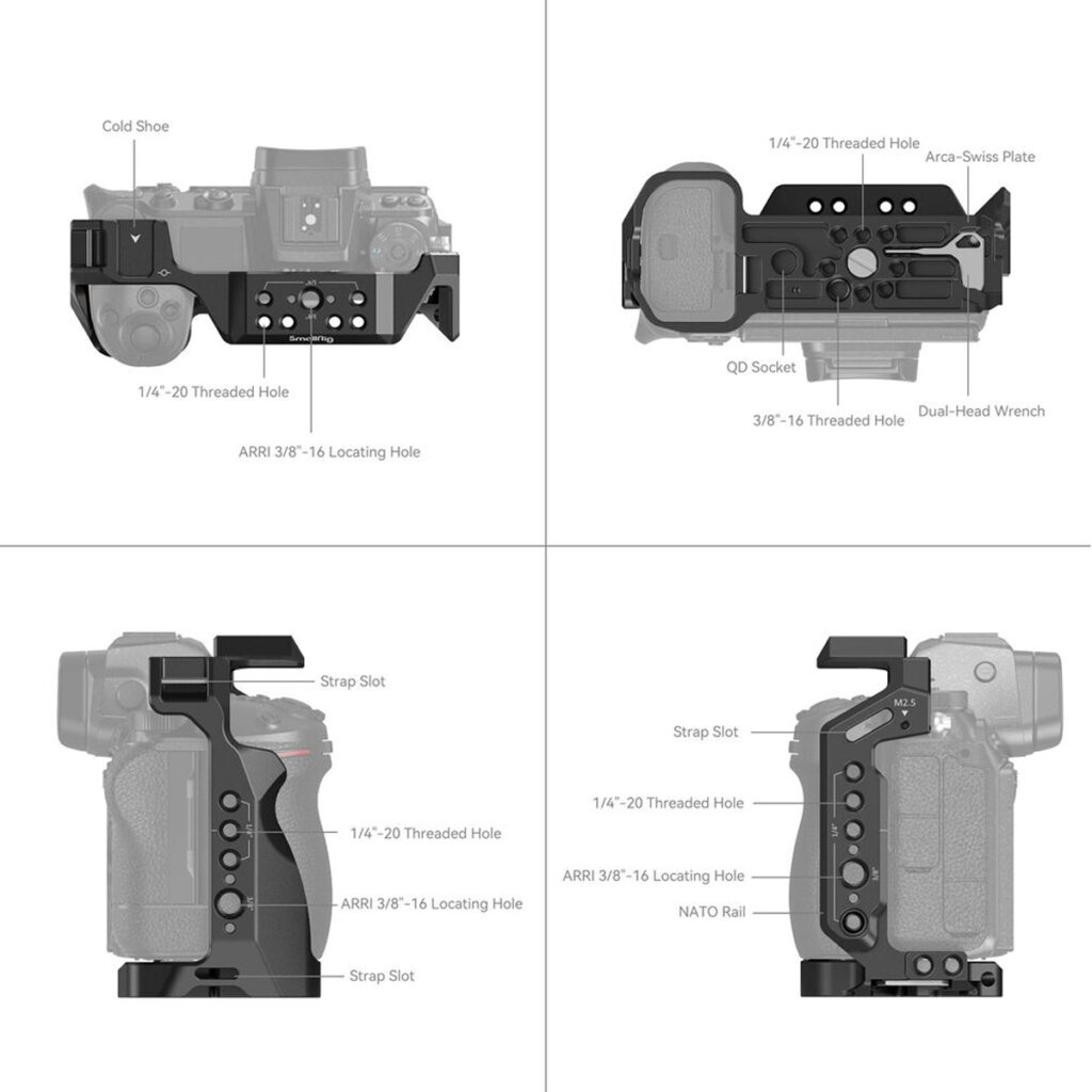 SmallRig-2926-3 Kaavio SmallRig 2926 Cage for Nikon Z5/Z5/Z6/Z7/Z6II/Z7II:n häkistä, johon on merkitty seuraavat ominaisuudet: kylmä kenkä, hihna-aukot, kierrereiät, Arca-Swiss-levy, QD-pistorasia, NATO-kisko, kaksoiskärkiavain ja useita ARRI-paikannusreikiä.