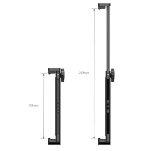 SmallRig-2929-2 SmallRig 2929 Tablet Mount for iPad w/ Dual Handgrip -tablettikiinnike mustana, lyhimmillään 131 mm (vasemmalla) ja täysin ulosvedettynä 262 mm (oikealla), nuolet kuvaavat molempia mittoja.