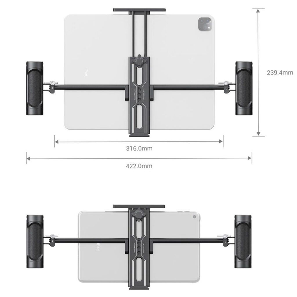 SmallRig-2929-3 Kahdessa kaaviossa näkyy SmallRig 2929 Tablet Mount for iPad, jossa on kaksi käsikahvaa ja joka pitää tablettia sekä vaaka- että pystysuorassa. Mitat: korkeus 239,4 mm, leveys säädettävissä 316-422 mm.
