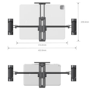 SmallRig-2929-3 Kahdessa kaaviossa näkyy SmallRig 2929 Tablet Mount for iPad, jossa on kaksi käsikahvaa ja joka pitää tablettia sekä vaaka- että pystysuorassa. Mitat: korkeus 239,4 mm, leveys säädettävissä 316-422 mm.
