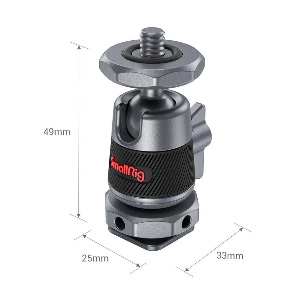 SmallRig-2948-2 SmallRig 2948 Ballhead Mini with Removable Cold Shoe Mount (2 kpl) on hopeanvärinen ja musta kamerakiinnike, jossa on merkityt mitat (49 mm korkea, 25 mm leveä pohja, 33 mm leveä yläosa), ruuvikiinnike ja punainen SmallRig-logo.