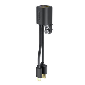 The SmallRig 2960 HDMI and USB-C adapter for the BMPCC 4K and 6K cage is a black adapter featuring two short USB-C male cables, one USB-C female port on the top and a small metal clip on the side.