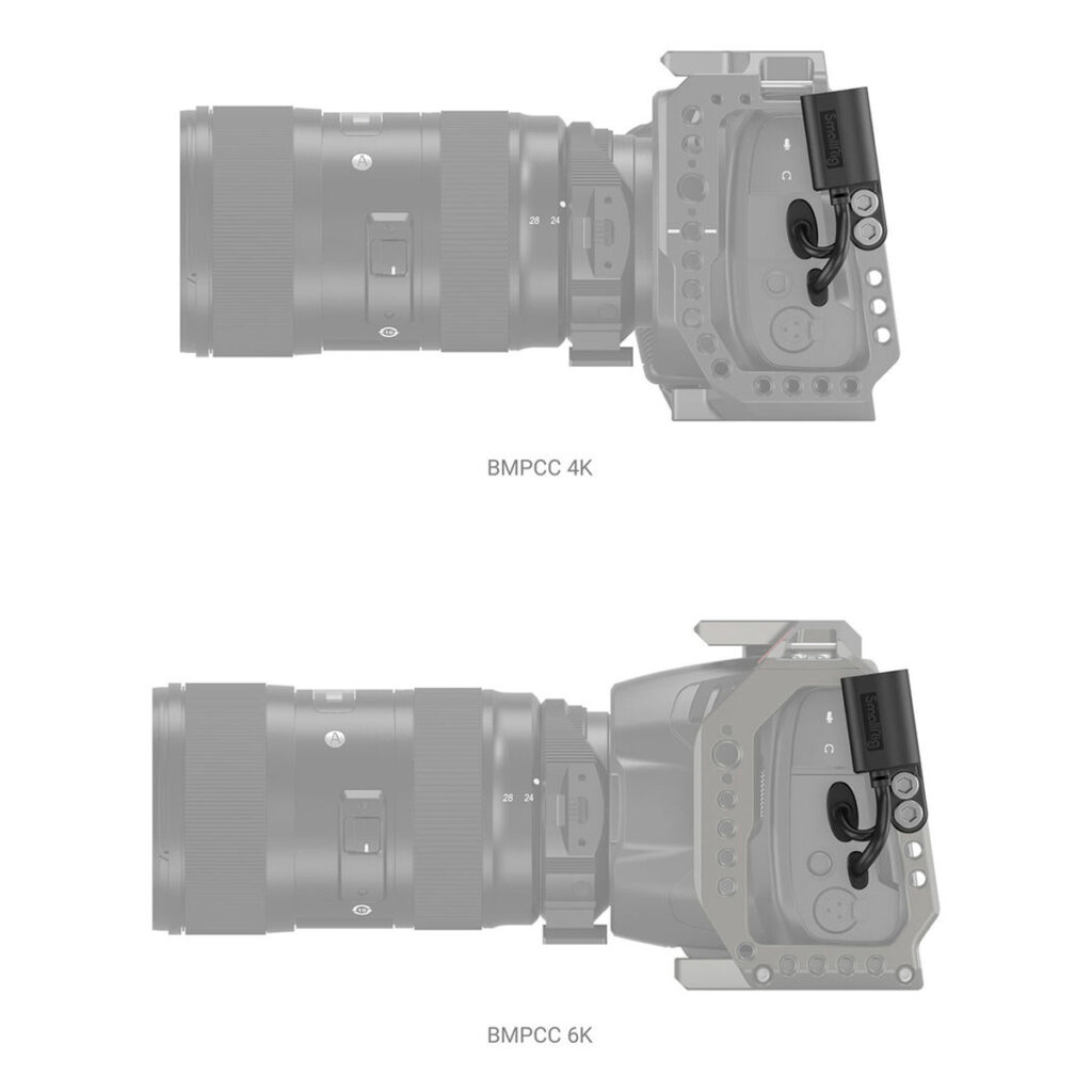 SmallRig-2960-4 Kaavioissa näkyvät BMPCC 4K (ylhäällä) ja BMPCC 6K (alhaalla), kun SmallRig 2960 HDMI & USB-C -sovitin on asennettu häkkiin oikealla puolella.