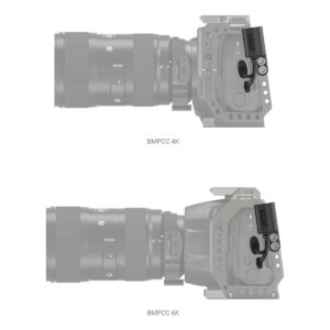 SmallRig-2960-4 Kaavioissa näkyvät BMPCC 4K (ylhäällä) ja BMPCC 6K (alhaalla), kun SmallRig 2960 HDMI & USB-C -sovitin on asennettu häkkiin oikealla puolella.
