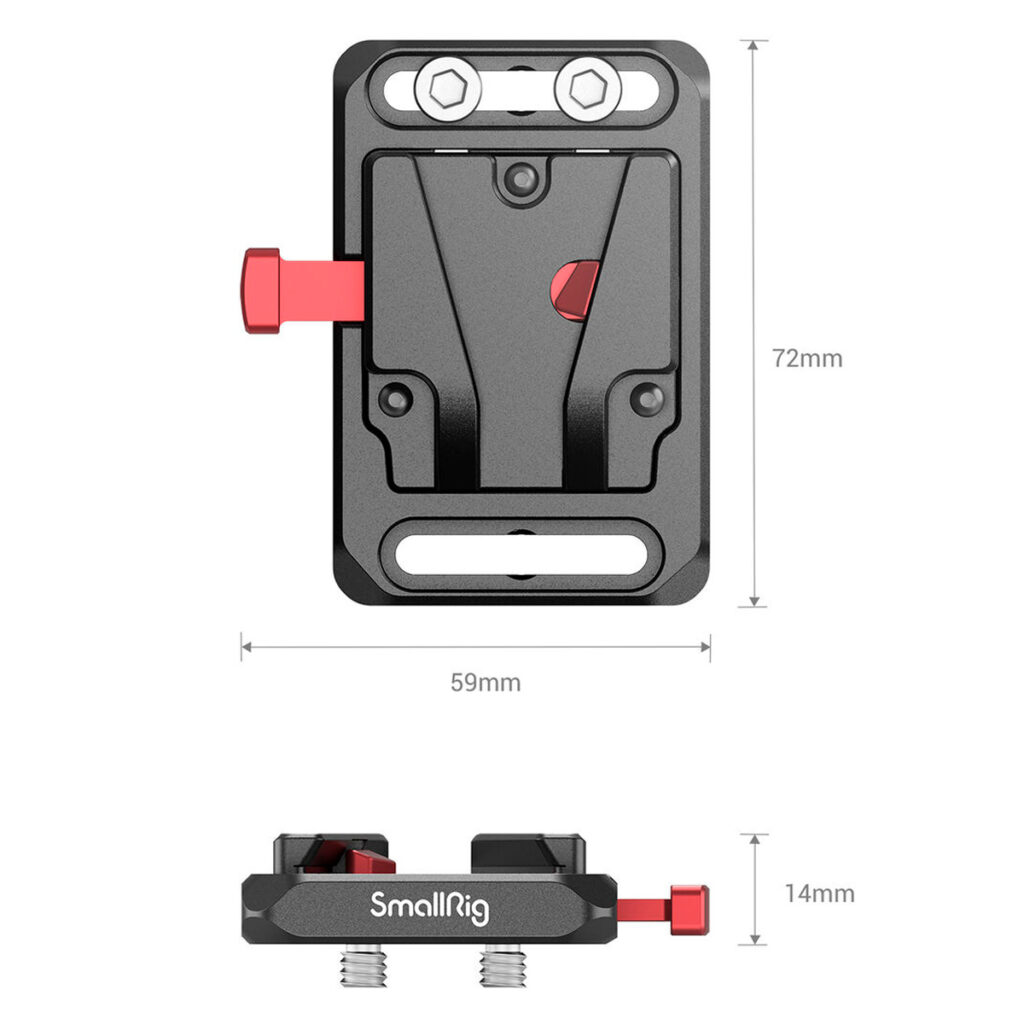 SmallRig-2987-3 SmallRig 2987 Battery Plate Mini V-Mount -akkulevyssä on suorakulmainen muotoilu, punainen kiristysvipu ja kaksi kiinnityspulttia. Mitat: 72 mm korkeus, 59 mm leveys ja 14 mm syvyys, kuvassa merkitty ylä- ja sivukuva.