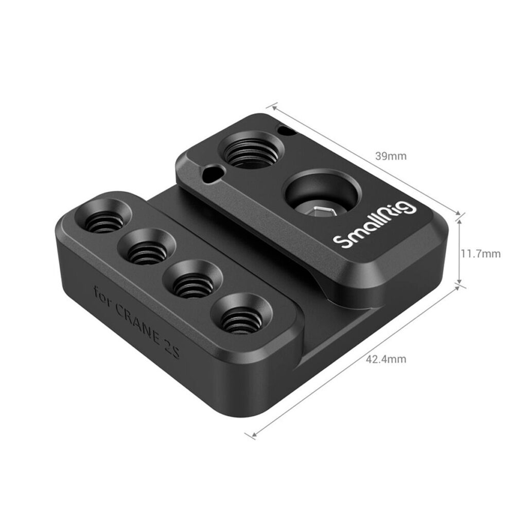 SmallRig-2995-3 SmallRig 2995 Side Mounting Plate for Zhiyun Crane 2S on musta metallilevy, jossa on kierteitetyt reiät ja jonka mitat ovat 42,4 mm x 39 mm x 11,7 mm.