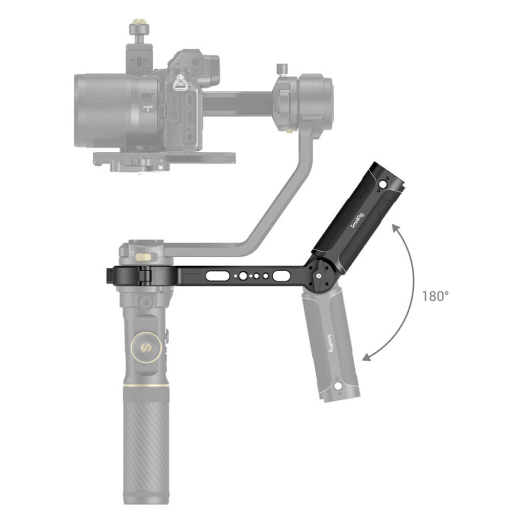 SmallRig-3005-3 Kaavio, jossa näkyy SmallRig 3005 Sling Grip for Crane 2S, jossa on 180° kääntyvä säädettävä jatkovarsi, kuvattuna sekä kokoontaitettuna että ulosvedettynä, ja nuoli osoittaa sen kääntymisen.