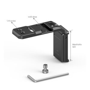 SmallRig-3006-4 SmallRig 3006 QR Extension Bracket for Crane 2S on kuvassa merkittyjen osien kanssa: 1/4" ruuvi, kylmä kenkäkiinnike ja Manfrotto 501 -levy. Allen-avain ja ruuvi on kuvattu alla valkoisella pohjalla.
