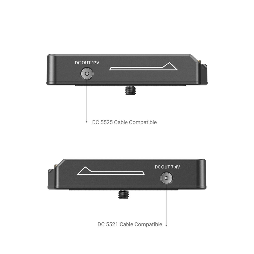SmallRig-3018-4 SmallRig 3018 NP-F-akkusovitin Plate Lite -levyssä on sivunäkymät kahdesta lähtöportista: DC OUT 12V (yhteensopiva DC 5525 -kaapelien kanssa) ja DC OUT 7,4V (yhteensopiva DC 5521 -kaapelien kanssa), ja kummassakin on kaavio portin yläpuolella.