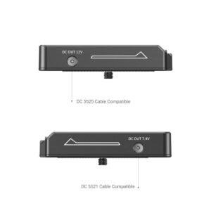 SmallRig-3018-4 SmallRig 3018 NP-F-akkusovitin Plate Lite -levyssä on sivunäkymät kahdesta lähtöportista: DC OUT 12V (yhteensopiva DC 5525 -kaapelien kanssa) ja DC OUT 7,4V (yhteensopiva DC 5521 -kaapelien kanssa), ja kummassakin on kaavio portin yläpuolella.