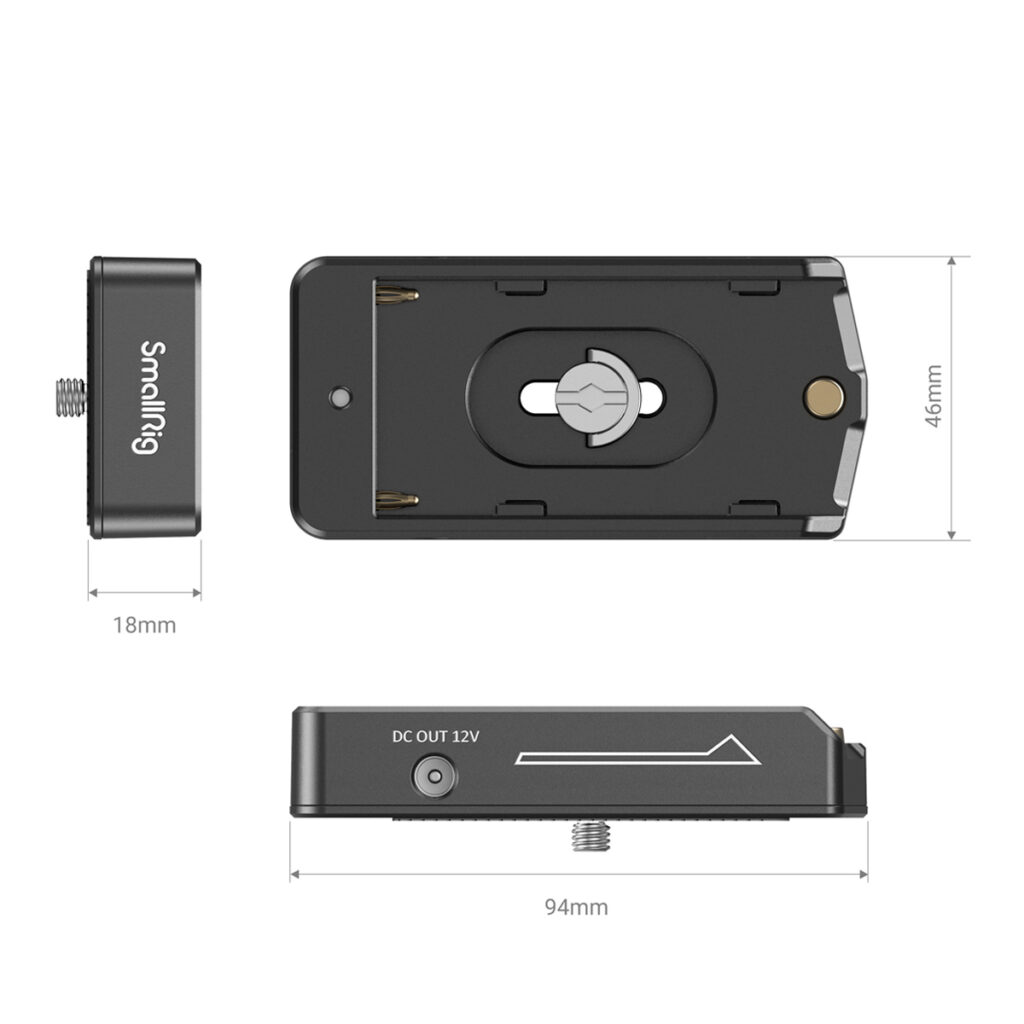 SmallRig-3018-5 SmallRig 3018 NP-F Battery Adapter Plate Lite on mustaa metallia, kooltaan 94mm x 46mm x 18mm, ja siinä on kiinnitysruuvi, DC OUT 12V -portti ja sivunuolen nuolimerkki.