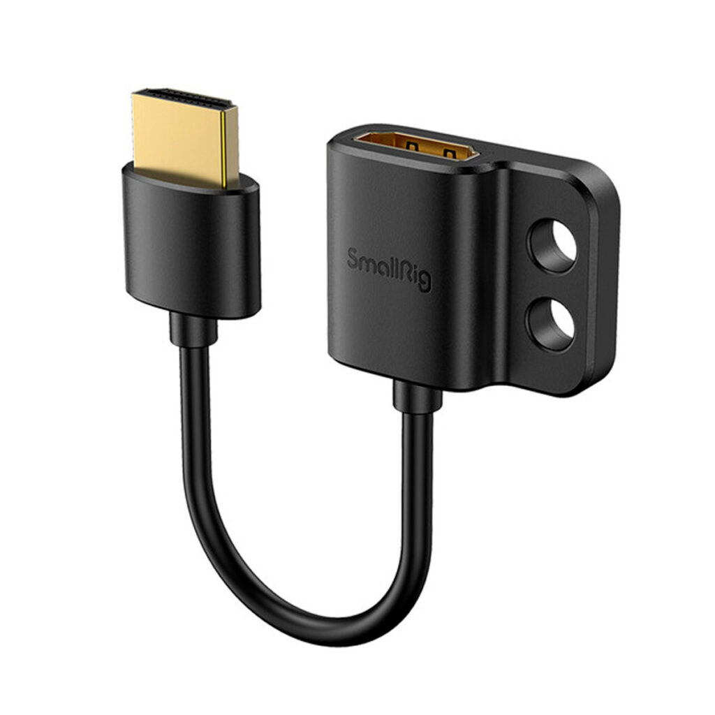 SmallRig-3019-2 SmallRig 3019 HDMI Ultra Slim Adapter Cable 4K (A-A) on lyhyt, musta, suorakulmainen kaapeli, jossa on kullattu urosliitin ja asennettava naarasliitin, jossa on kaksi ruuvinreikää.
