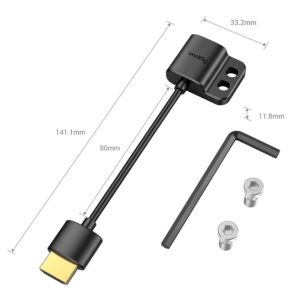 SmallRig-3019-3 SmallRig 3019 HDMI Ultra Slim Adapter Cable 4K (A-A) -kaapeli on mustaa, ja sen mukana toimitetaan asennuskannatin, kaksi ruuvia ja kuusiokoloavain, ja siinä on 141,1 mm:n kaapelin pituus, 33,2 mm:n kannattimen leveys, 11,8 mm:n korkeus ja 80 mm:n kaapelisegmentti.