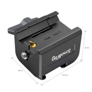 SmallRig-3025-4 Musta, kompakti SmallRig 3025 -kiinnityslevy (38mm x 33.5mm x 25mm) DJI Ronin RS 2/RSC 2/RS 3/RS 3 Pro/RS 3 mini -laitteelle, jossa on sivunuppi, kultainen ruuvi ja tuotemerkki edessä.