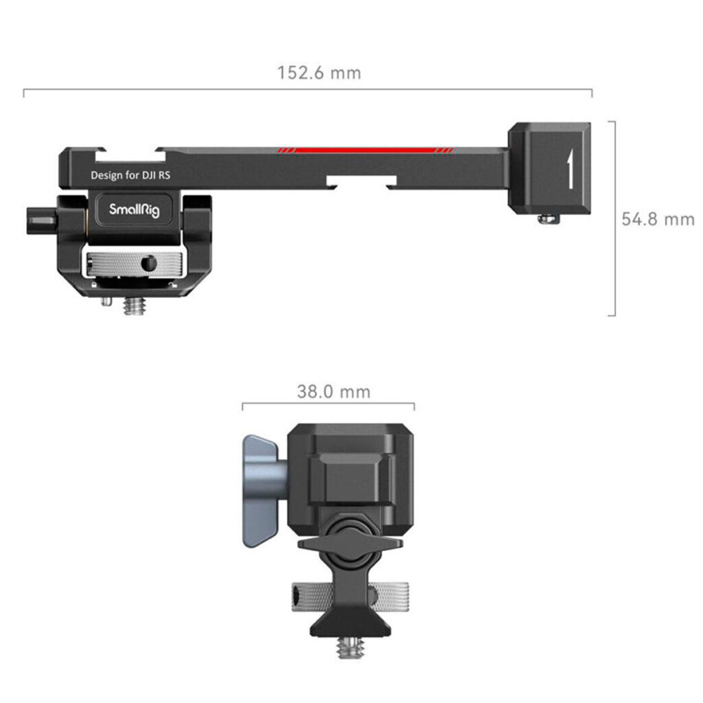 SmallRig-3026B-3 Diagram of the SmallRig 3026B Monitor Mount for DJI Ronin with front and side images and marked dimensions: 152.6 mm length, 54.8 mm height, 38 mm width. Features mounting points and adjustment knobs.