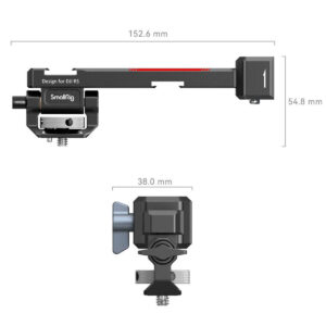 SmallRig-3026B-3 Diagram of the SmallRig 3026B Monitor Mount for DJI Ronin with front and side images and marked dimensions: 152.6 mm length, 54.8 mm height, 38 mm width. Features mounting points and adjustment knobs.