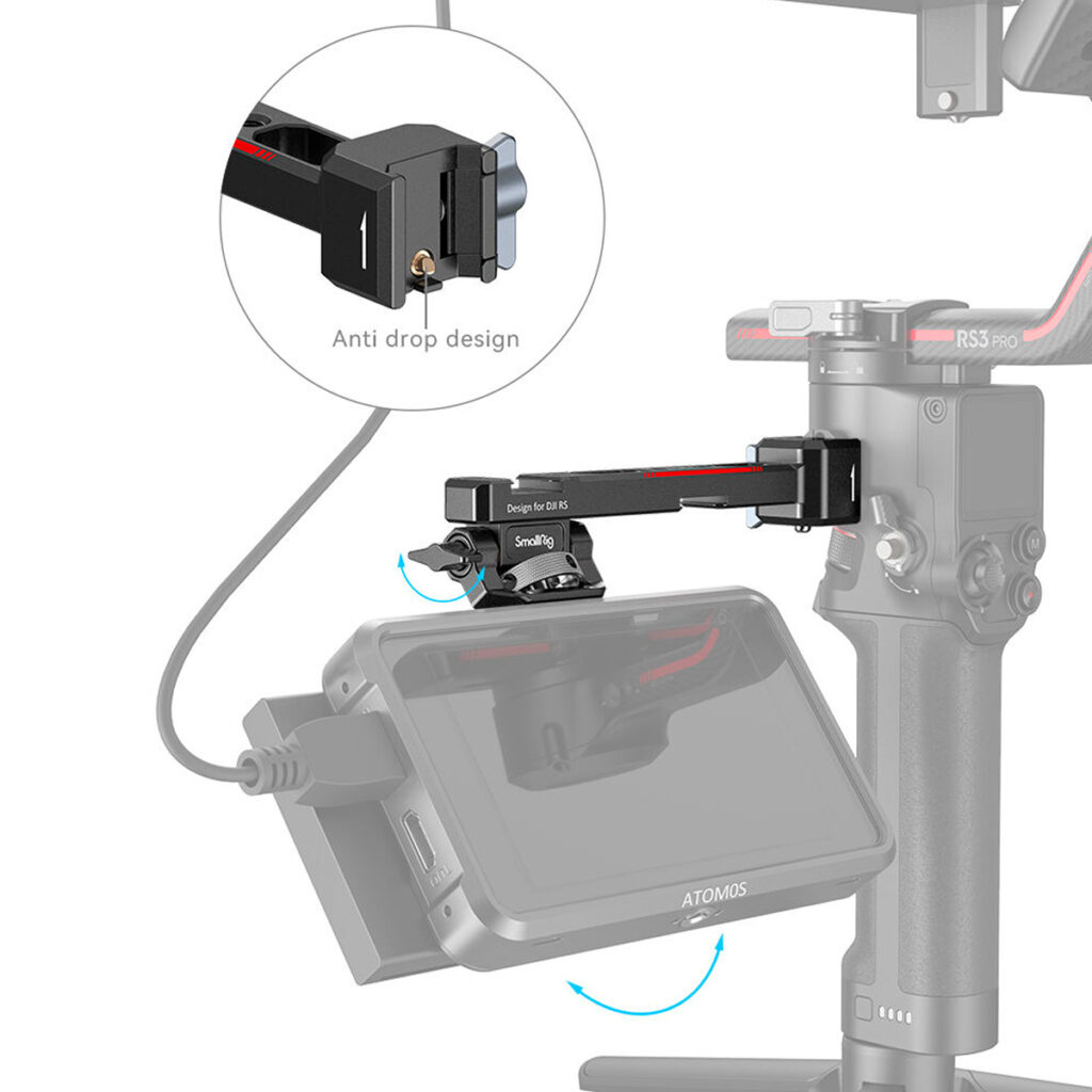 SmallRig-3026B-4 The SmallRig 3026B Monitor Mount for DJI Ronin attaches your camera monitor to the gimbal handle with a black metal arm with a fall-resistant design. The inside photo highlights a close-up of the fall prevention mechanism.