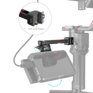SmallRig-3026B-4 The SmallRig 3026B Monitor Mount for DJI Ronin attaches your camera monitor to the gimbal handle with a black metal arm with a fall-resistant design. The inside photo highlights a close-up of the fall prevention mechanism.