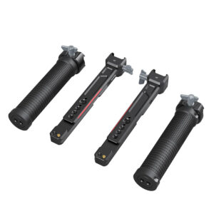 SmallRig-3027-2 Kaksi SmallRig 3027 Dual Handgrips -käsikahvaa DJI RS2/RSC2/RS3/RS3 Pro:lle, joissa on kuvioidut mustat kahvat, kiinnitetyt kiinnikkeet ja säätönupit, kuvattuna useista eri kuvakulmista valkoisella pohjalla.