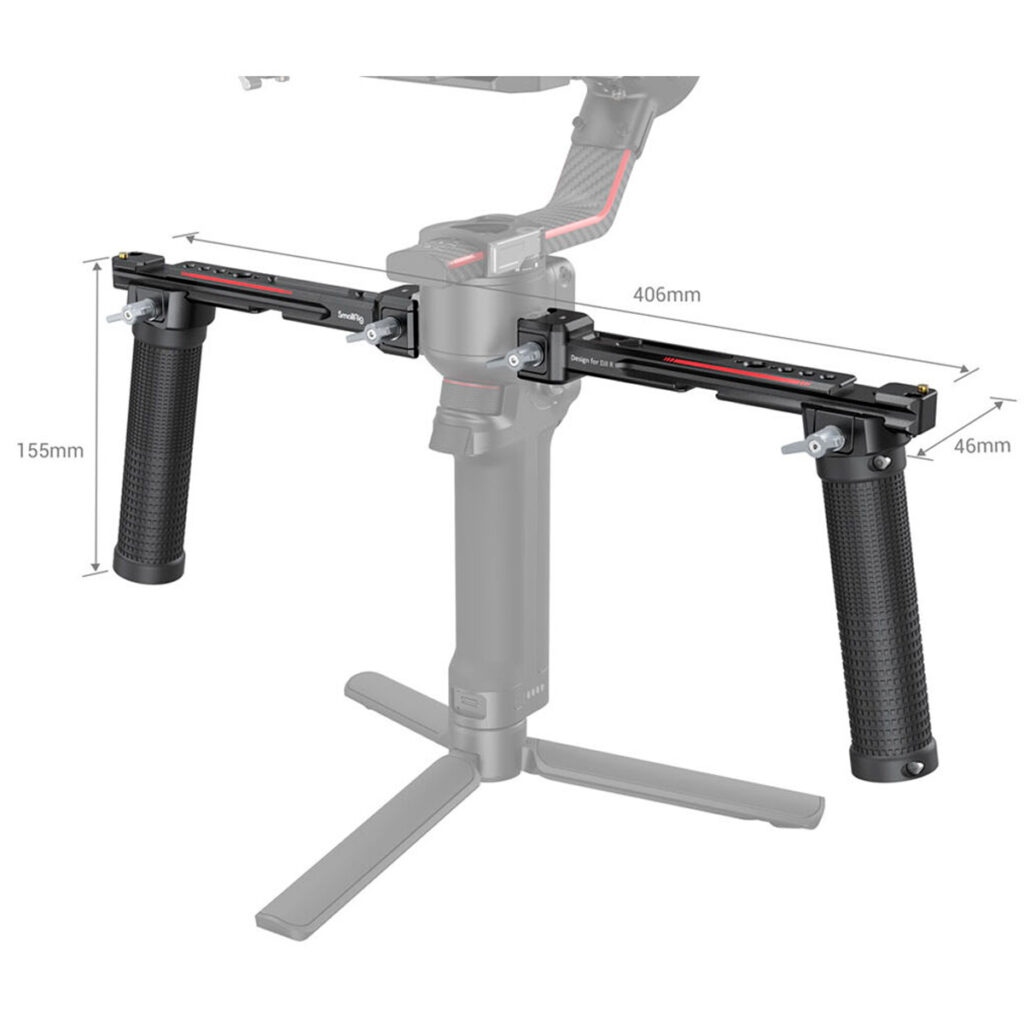 SmallRig-3027-3 SmallRig 3027 Dual Handgrip for DJI RS2/RSC2/RS3/RS3/RS3 Pro on esitetty kuvioiduilla kahvoilla ja osittaisella vakaajalla, ja sen mitat ovat 406 mm leveä, 155 mm korkea ja 46 mm syvä.