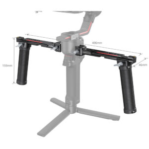 SmallRig-3027-3 SmallRig 3027 Dual Handgrip for DJI RS2/RSC2/RS3/RS3/RS3 Pro on esitetty kuvioiduilla kahvoilla ja osittaisella vakaajalla, ja sen mitat ovat 406 mm leveä, 155 mm korkea ja 46 mm syvä.