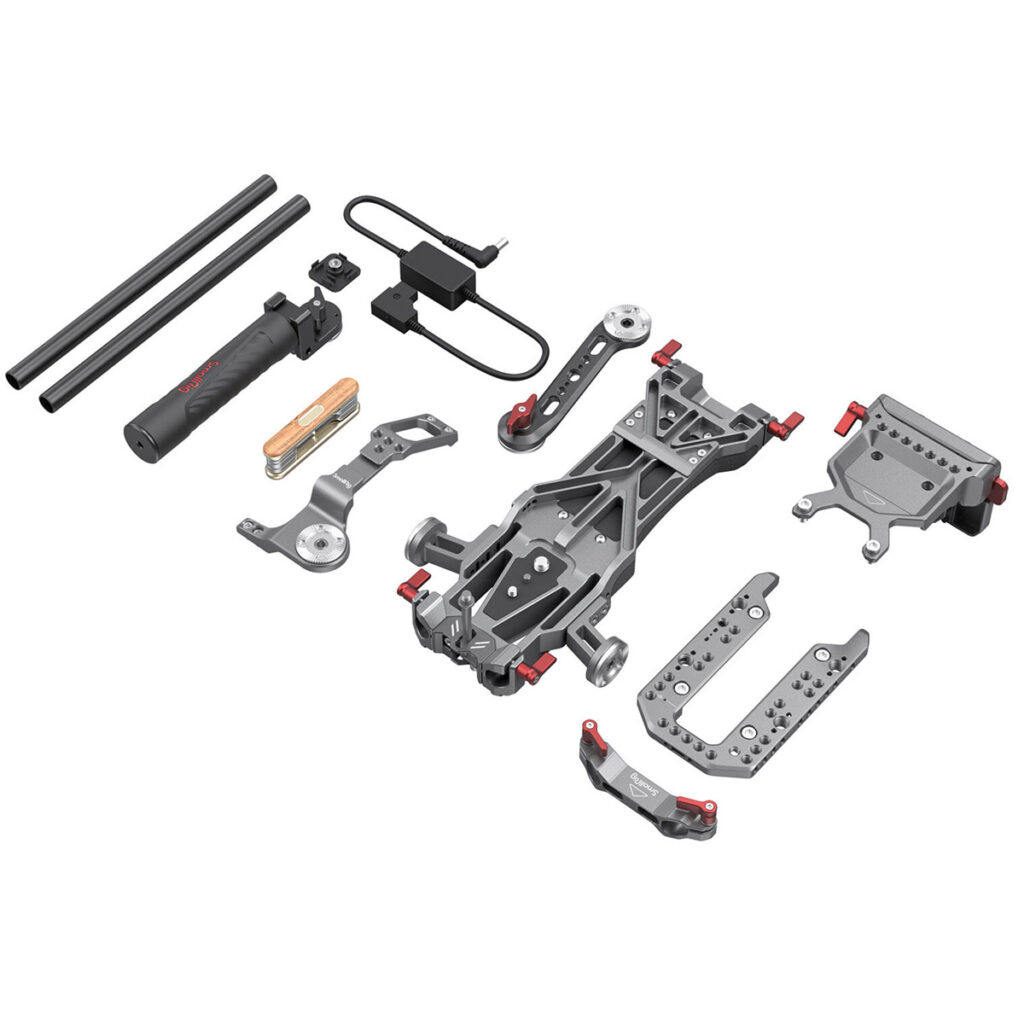 SmallRig-3057-2 SmallRig 3057 Professional Kit Sony FX9:lle on esitetty purettuna, ja metalli- ja muovitangot, kahvat, asennuslevyt ja liittimet on järjestetty siististi valkoiselle taustalle.