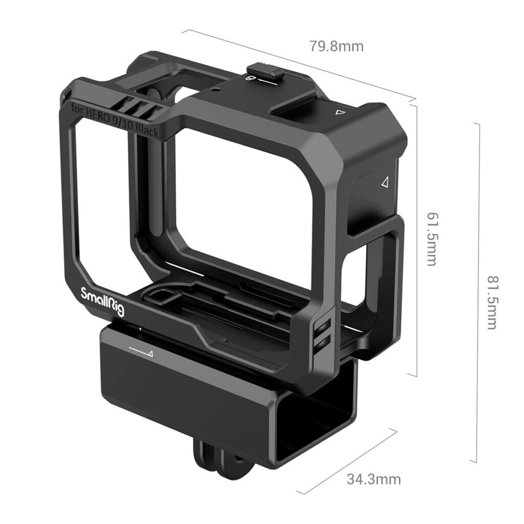 SmallRig-3083-2 SmallRig 3083 Cage for GoPro HERO 9/10 on musta metallirunko, joka on avoin kahdelta sivulta ja jonka mitat ovat 79,8 mm leveä, 81,5 mm korkea ja 34,3 mm syvä, ja mitat on merkitty häkkiin.