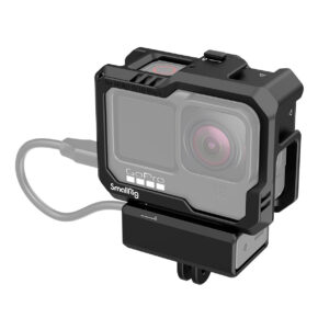 SmallRig-3083 The SmallRig 3083 Cage for GoPro HERO 9 / HERO 10, with an action camera mounted on it and a USB-C cable connected, is shown against a white background.