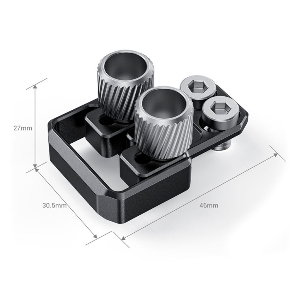 SmallRig-3131-5 SmallRig 3131 Professional Cage Kit Fujifilm X-T4:lle on musta ja hopeinen mekaaninen komponentti, jossa on kaksi nuppi- ja kaksi kuusioruuvia ja jonka korkeus on 27 mm, leveys 30,5 mm ja pituus 46 mm.