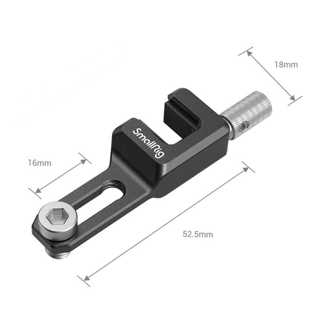 SmallRig-3133-7 SmallRig 3133 Cage & Sidehandle Kit for Sony A7 III/A7R III/A9 on musta metallinen ruuvinupilla varustettu kameran lisävaruste, jonka mitat ovat 52,5 mm (L) x 18 mm (L) x 16 mm (K).