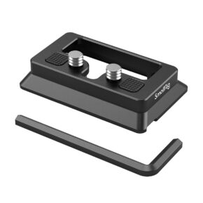 SmallRig-3154 SmallRig 3154 Arca-Swiss QR plate for DJI RS2/RSC2 is a black metal mounting plate with two silver screws, SmallRig branded, and comes with an Allen key.