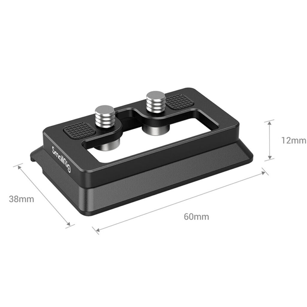 SmallRig-3154-3 SmallRig 3154 Arca-Swiss QR-levy DJI RS2 / RSC2:lle on musta suorakulmainen työkalu, jossa on kaksi metallista nuppia yläosassa ja jonka mitat ovat 38 mm leveä, 60 mm pitkä ja 12 mm korkea.