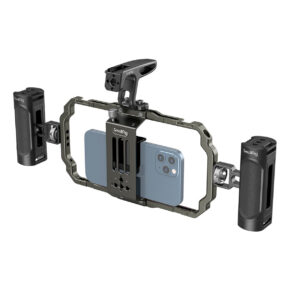 SmallRig-3155 The SmallRig 3155 Universal Mobile Phone Handheld Video Rig features a metal body with two side handles and a top handle, providing stability and better control for mobile video shooting. The SmallRig brand is evident in the rig and handles.
