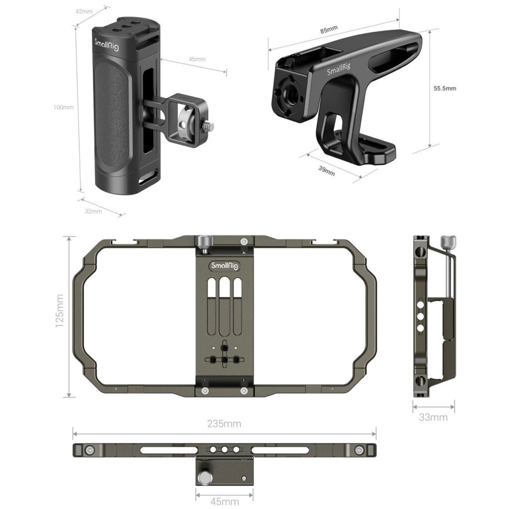SmallRig-3155-3 SmallRig 3155 Universal Mobile Phone Handheld Video Rig -laitteesta on esitetty viisi näkymää ja mitat: laitteiston mitat ovat 235 mm x 125 mm, kahvat ovat 92 mm x 30 mm ja 88 mm x 55,5 mm, ja sivukuva on 33 mm.