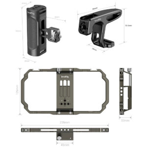 SmallRig-3155-3 SmallRig 3155 Universal Mobile Phone Handheld Video Rig -laitteesta on esitetty viisi näkymää ja mitat: laitteiston mitat ovat 235 mm x 125 mm, kahvat ovat 92 mm x 30 mm ja 88 mm x 55,5 mm, ja sivukuva on 33 mm.