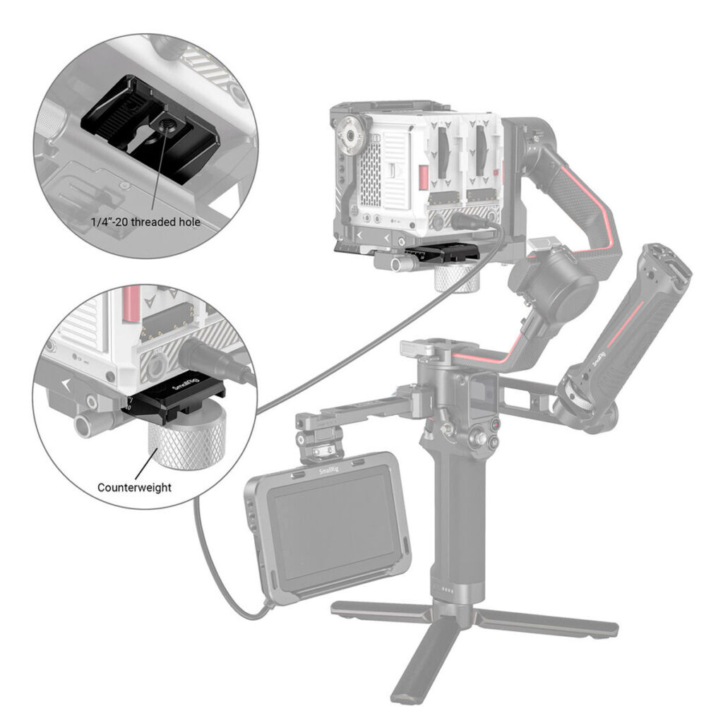 SmallRig-3158B-5 Kamera käsikannettavassa gimbaalissa, joka on varustettu SmallRig 3158 Manfrotto QR-levyllä DJI RS3/RS 3 Pro/RS 2/RSC 2/Ronin S:lle, kuvassa 1/4-20-kierre ja vastapainon kiinnitys; vakaimeen on kiinnitetty myös ulkoinen näyttö.