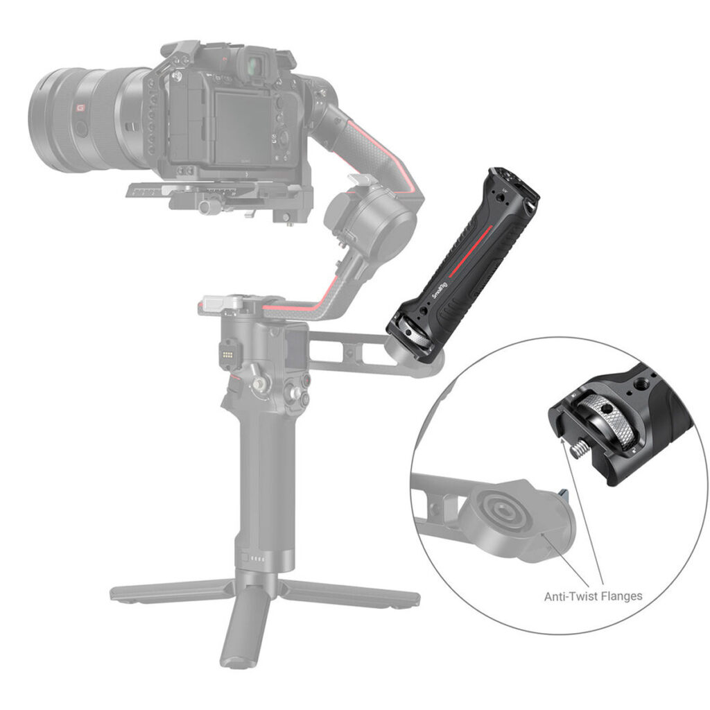 SmallRig-3161-3 SmallRig 3161 Sling Handgrip for DJI RS 2/RSC 2 on kuvassa asennettuna gimbal-stabilisaattoriin, jossa on kulmikas kahva; sisäkuvassa korostuvat sen kiertymisen estävät laipat ja kiinnitysruuvi turvallista kiinnitystä varten.