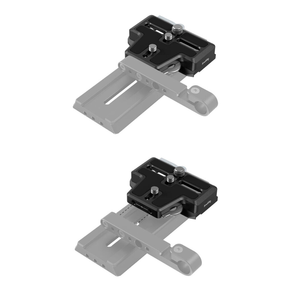 SmallRig-3162-2 Kaksi näkymää SmallRig 3162 Extended Arca-Type QR Plate for DJI RS 2/RSC 2/RS 3/RS 3/RS 3 Pro -levystä, joka on kuvassa mustana ja hopeisena ruuveilla, asennettuna harmaaseen kiskoon eri asennoissa sen säädettävän liukuominaisuuden esittelemiseksi.