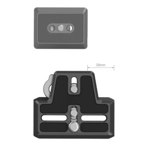 SmallRig-3162-4 SmallRig 3162 Extended Arca-Type QR Plate for DJI RS 2 / RSC 2 / RS 3 / RS 3 Pro on mustan ja hopeanvärinen suorakulmainen levy, jossa on useita aukkoja ja painikkeita, kuvassa ylhäältä ja edestä katsottuna, ja etunäkymän yläpuolella on merkitty 25 mm:n mitta.