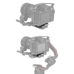 SmallRig-3162-5 Kaksivaiheinen kuva näyttää SmallRig 3162 Extended Arca-Type QR Plate for DJI RS 2 / RSC 2 / RS 3 / RS 3 Pro -levyn kiinnitettynä ja sitten nopeasti irrotettuna kameran ja hihnan kanssa, jotta se voidaan helposti irrottaa laitteesta.