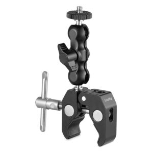 SmallRig-3164 SmallRig 2164 Crab-Shaped Clamp with Ballhead M-Arm on musta ja hopeinen säädettävä kiinnike, jossa on ruuvinuppi, kääntyvä varsi ja kiristysvipu kameroiden tai lisävarusteiden kiinnittämiseen pinnoille, kuten pöydille tai pylväisiin.