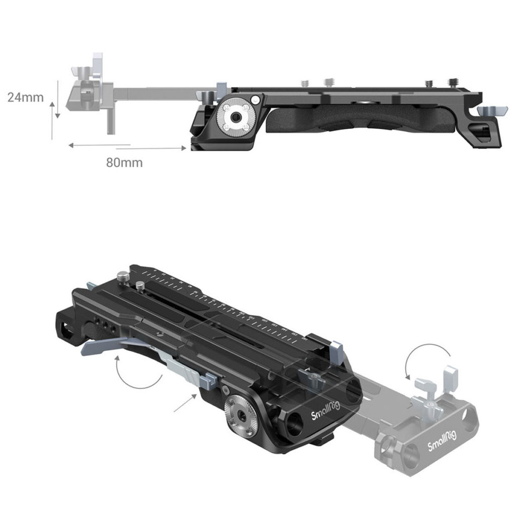SmallRig-3169-3 Kaavio SmallRig 3169 Sony VCT-14 Universal Multifunctional Shoulder Kit: musta asennuslevy, jossa on säätönupit, vivut ja mittausviivat, joista näkyvät 80mm x 24mm mitat; kuvassa kahdesta kulmasta, jossa tuotemerkit näkyvät.