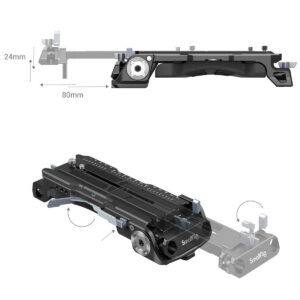 SmallRig-3169-3 Kaavio SmallRig 3169 Sony VCT-14 Universal Multifunctional Shoulder Kit: musta asennuslevy, jossa on säätönupit, vivut ja mittausviivat, joista näkyvät 80mm x 24mm mitat; kuvassa kahdesta kulmasta, jossa tuotemerkit näkyvät.