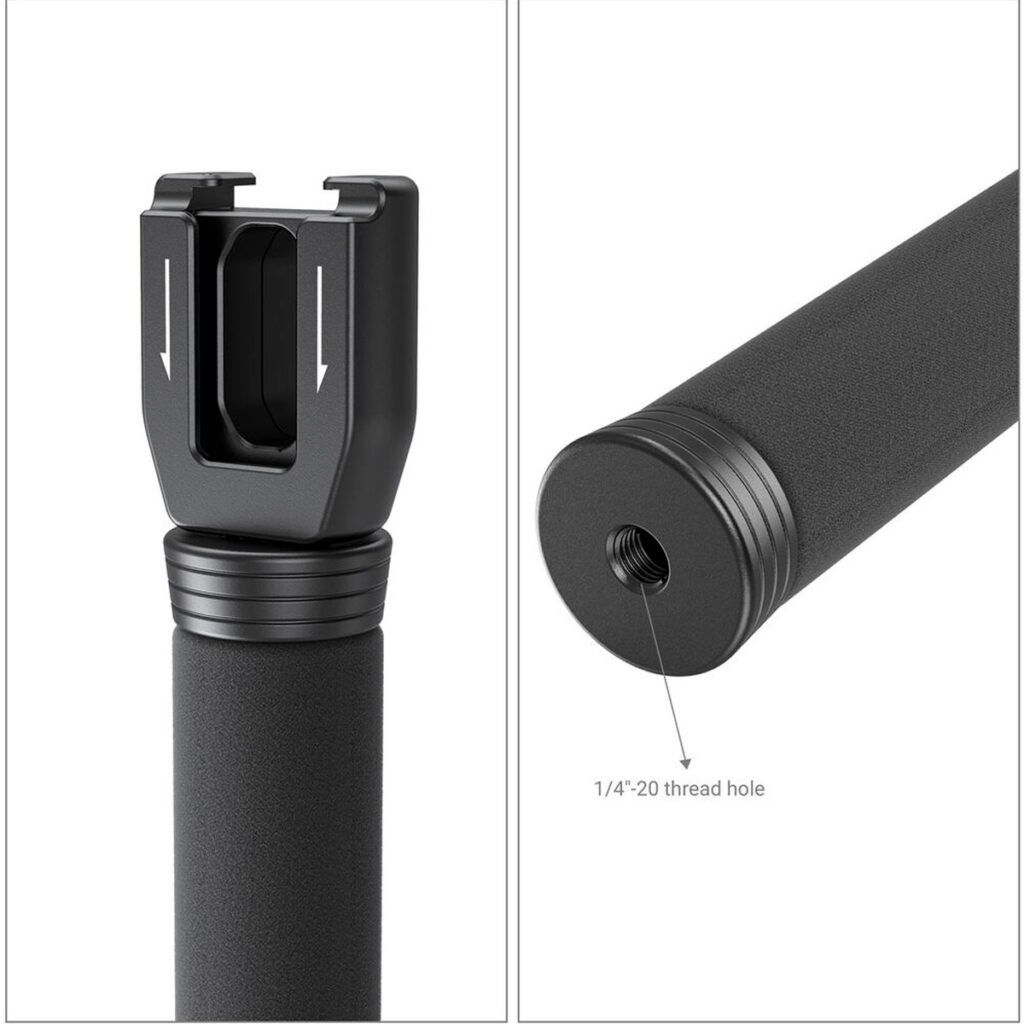 SmallRig-3182-3 Lähikuva SmallRig 3182 Rode Wireless Go Handheld -haastattelukamerasta, jossa näkyy sen musta sylinterimäinen kahva, jonka toisessa päässä on kiinnike ja toisessa päässä 1/4-20 kierteinen reikä lisävarusteiden kiinnittämistä varten.